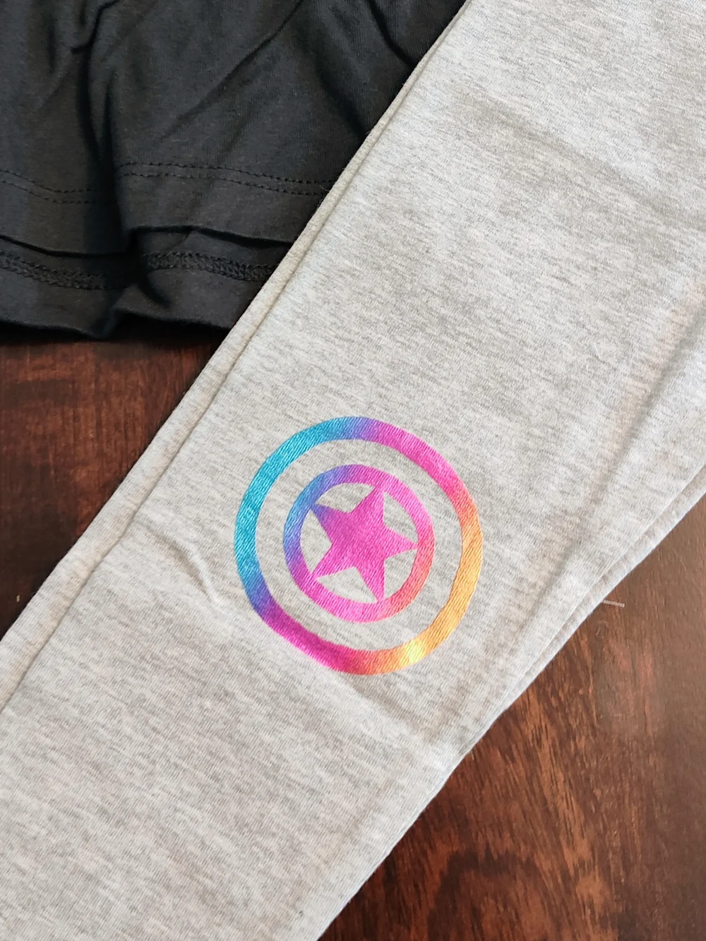Marvel Girls Black Top with Rainbow Logo and Gray Leggings